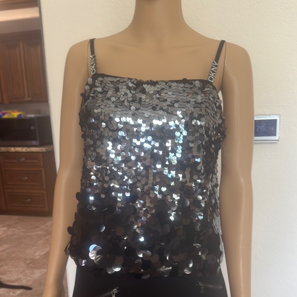 NWT - DKNY Black Sequin Sleeveless Camisole with Spaghetti Straps. Size S.